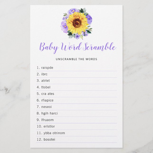 Sunflower Purple Floral Baby Shower Word Game (Front)