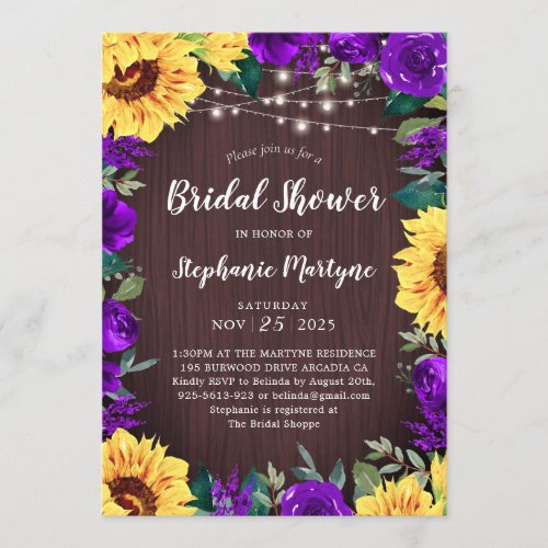 Sunflower Purple Floral Border Bridal Shower Invitation