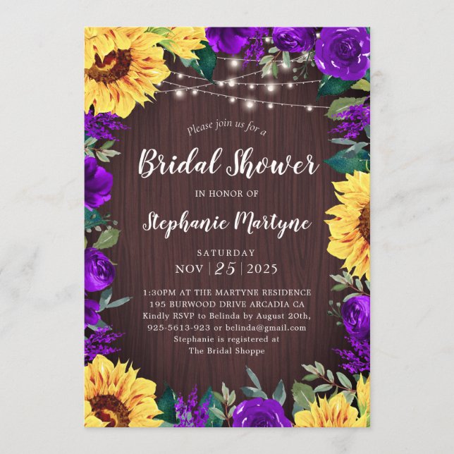 Sunflower Purple Floral Border Bridal Shower Invitation (Front)