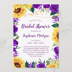 Sunflower Purple Floral Border Light Bridal Shower Invitation