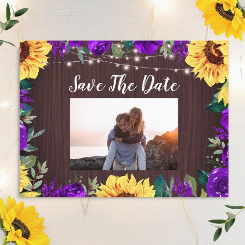 Sunflower Purple Floral Border Photo Save The Date Announcement Postcard