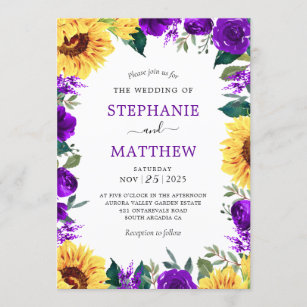 Sunflower Purple Floral Border Wedding Invitation