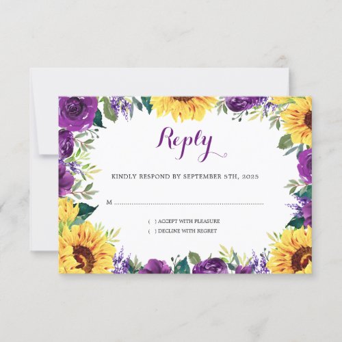 Sunflower Purple Floral Border Wedding RSVP Card