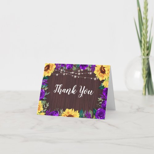 Sunflower Purple Floral Border Wood Lights Wedding Thank You Card