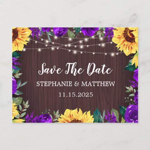 Sunflower Purple Floral Border Wood Save The Date Announcement Postcard