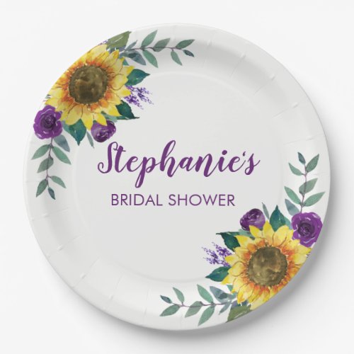 Sunflower Purple Floral Bridal Shower Paper Plates