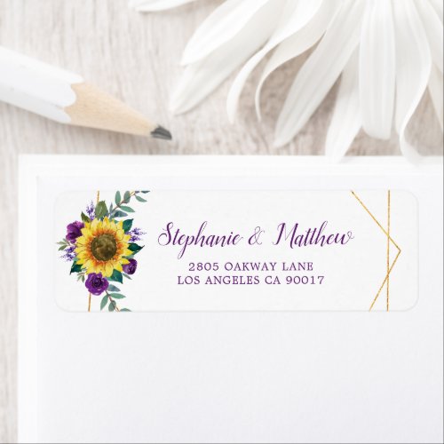 Sunflower Purple Floral Geometric Gold Address Label