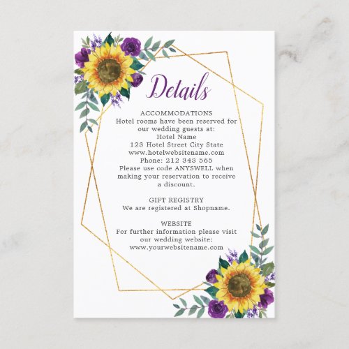 Sunflower Purple Floral Geometric Wedding Details Enclosure Card