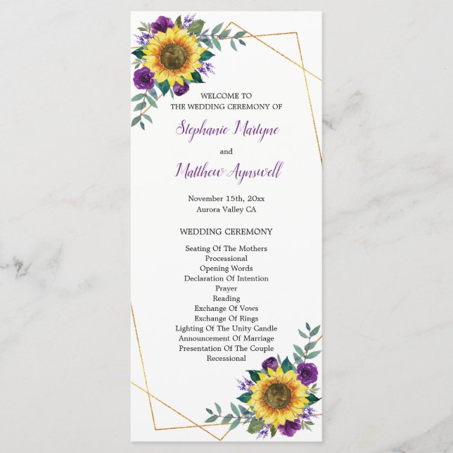 Sunflower Purple Floral Geometric Wedding Program (Front)