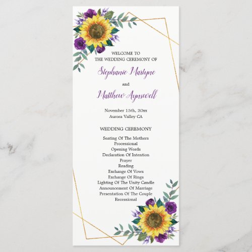 Sunflower Purple Floral Geometric Wedding Program