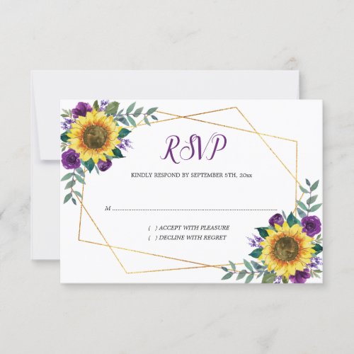 Sunflower Purple Floral Geometric Wedding RSVP Card