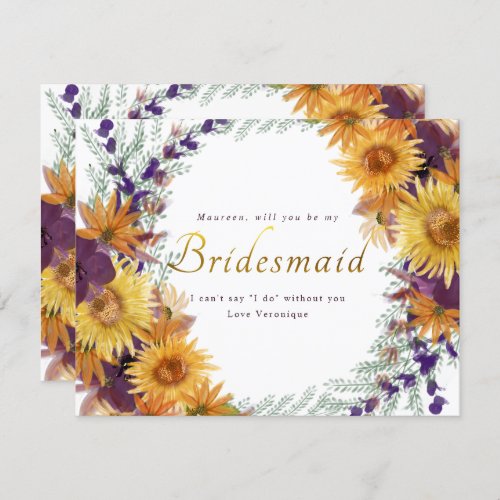 Sunflower purple floral gold script bridesmaid invitation