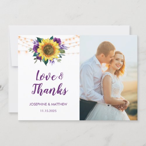Sunflower Purple Floral Lights Photo Wedding Thank You Card