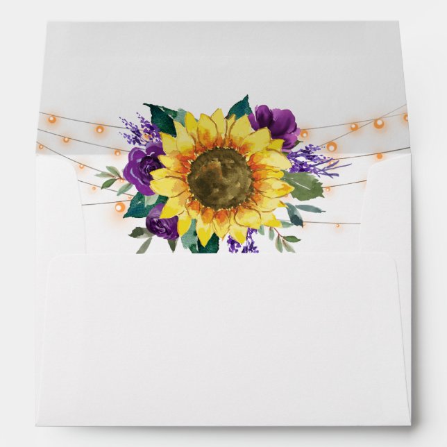 Sunflower Purple Floral Lights Wedding Envelope (Back (Bottom))