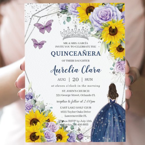 Sunflower Purple Floral Navy Blue Gown Quinceaera Invitation