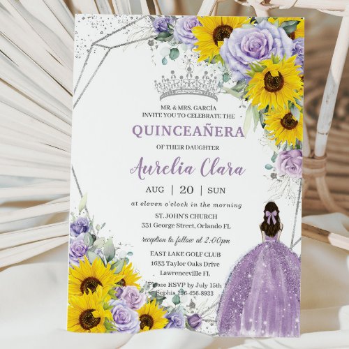 Sunflower Purple Floral Princess Gown Quinceaera Invitation