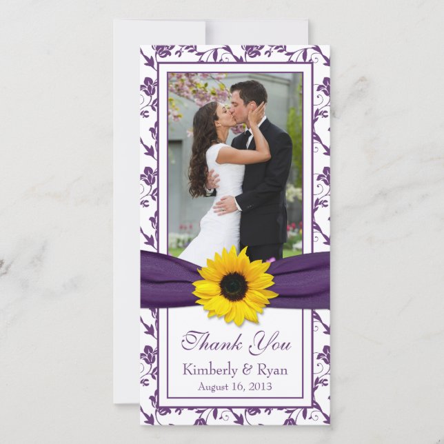 Sunflower Purple Floral Ribbon Wedding Thank You Card (Front)