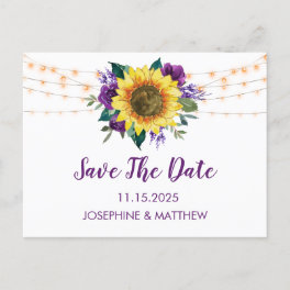 Sunflower Purple Floral String Light Save The Date Announcement Postcard