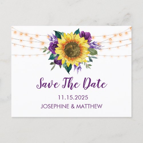 Sunflower Purple Floral String Light Save The Date Announcement Postcard