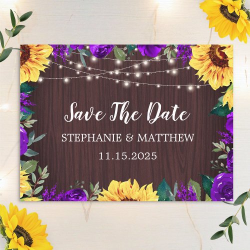 Sunflower Purple Floral Wood Wedding Save The Date