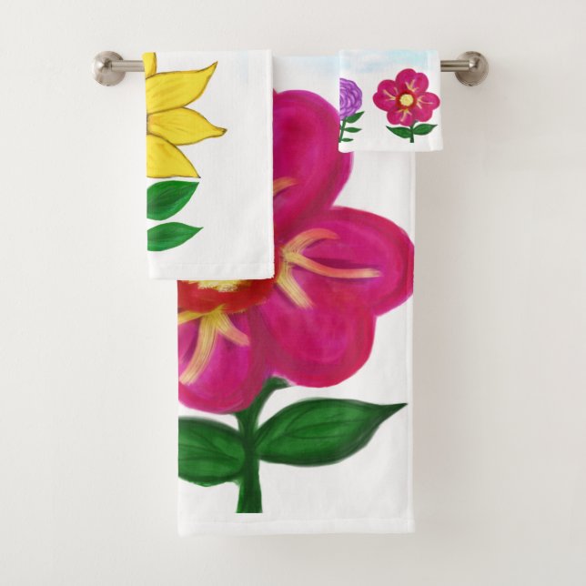 Sunflower Purple Flower Pink Flower Bath Towel Set (Insitu)