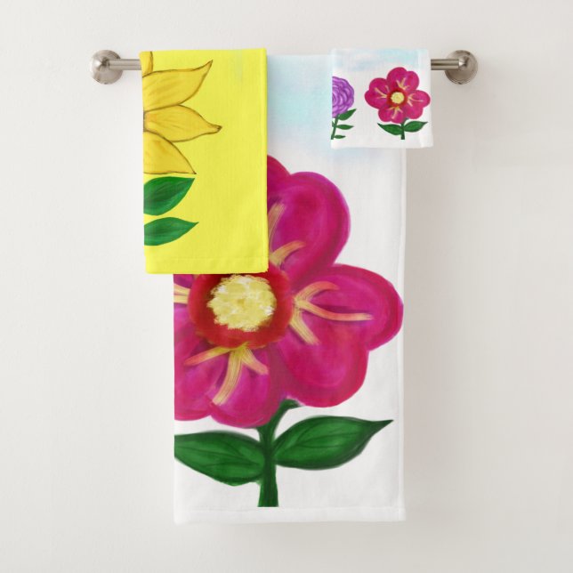 Sunflower Purple Flower Pink Flower Yellow Bath Towel Set (Insitu)
