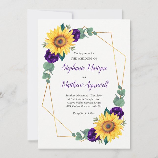 Sunflower Purple Geometric Floral Wedding Invitation (Front)