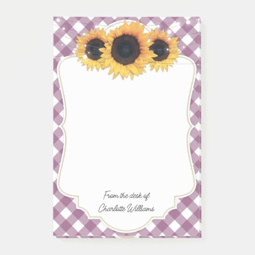 Sunflower Purple Gingham Custom Name Post_it Notes