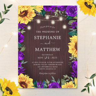 Rustic Purple Sunflower Wedding Invitations & Templates | Zazzle