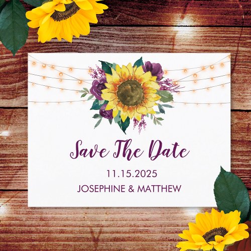 Sunflower Purple Plum Rose Save The Date Announcement Postcard