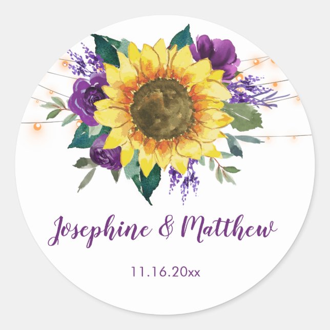 Sunflower Purple Rose Floral Lights Wedding Classic Round Sticker (Front)