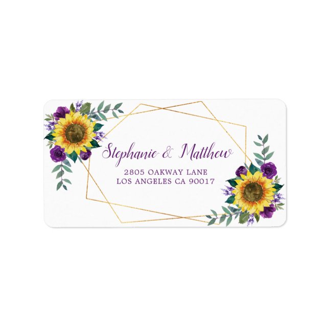 Sunflower Purple Rose Geometric Gold Address Label (Front)