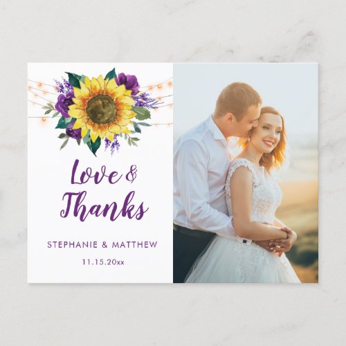 Sunflower Purple Rose Lights Photo Thank You Postcard