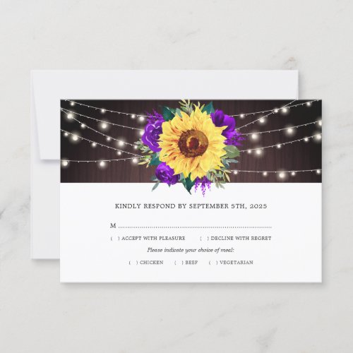 Sunflower Purple Rose Lights Wood Wedding Meal RSVP Card