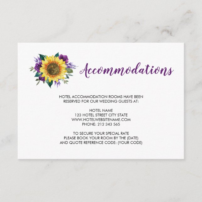 Sunflower Purple Rose Wedding Accommodations Enclosure Card (Front)