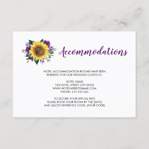 Sunflower Purple Rose Wedding Accommodations Enclosure Card