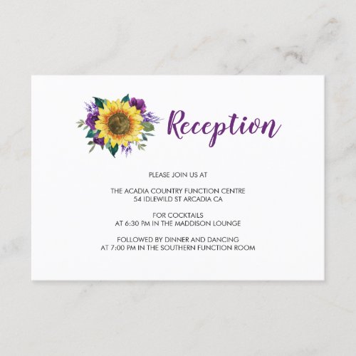 Sunflower Purple Roses Floral Wedding Reception Enclosure Card