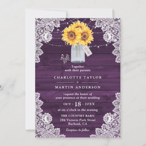 Sunflower Purple Rustic Wood Mason Jar Wedding Invitation