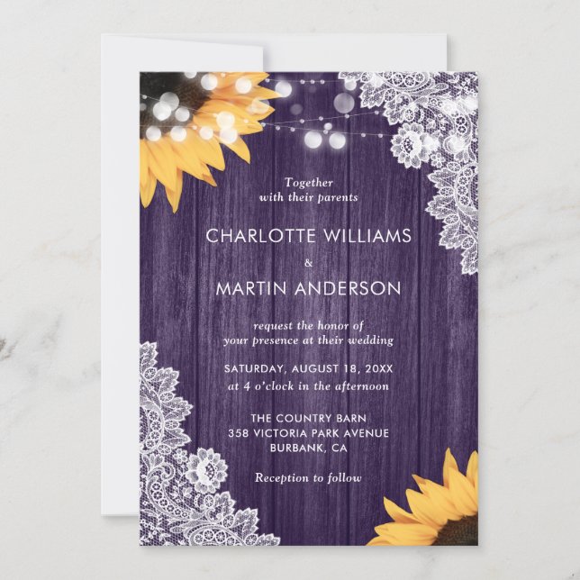 Sunflower Purple Wood Floral Lace Rustic Wedding Invitation (Front)