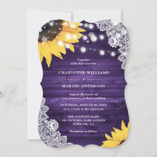 Sunflower Purple Wood Floral Lace Wedding Invitation