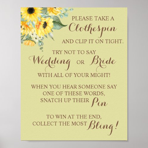 Sunflower Put a Clothespin Bridal Shower Game Sign