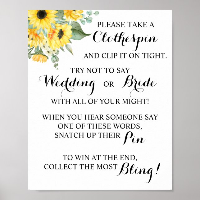 Sunflower Put a Clothespin Bridal Shower Game Sign (Front)