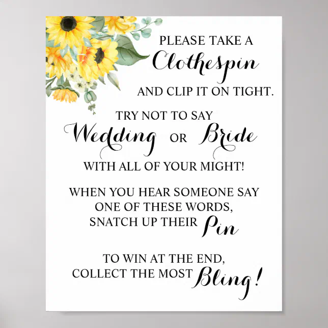 Sunflower Put a Clothespin Bridal Shower Game Sign | Zazzle