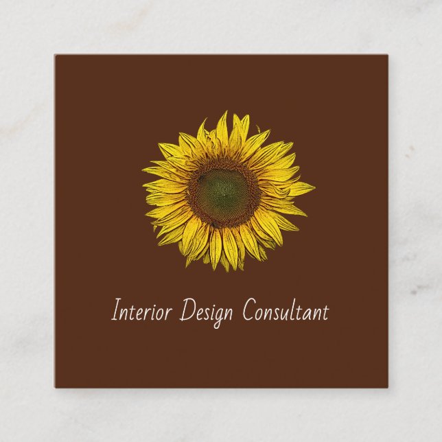 Sunflower QR code Interior Designer Rustic Brown Square Business Card (Front)