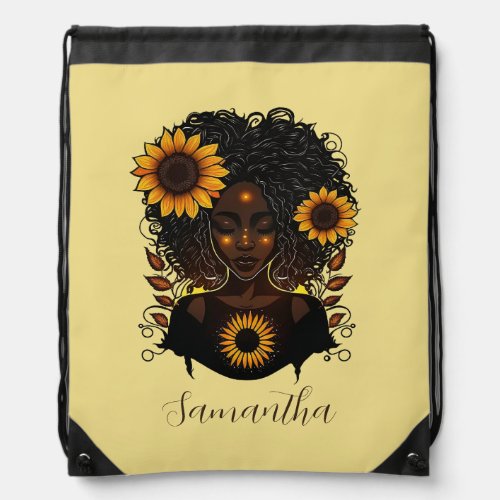 Sunflower Queen Afro Woman Drawstring Bag