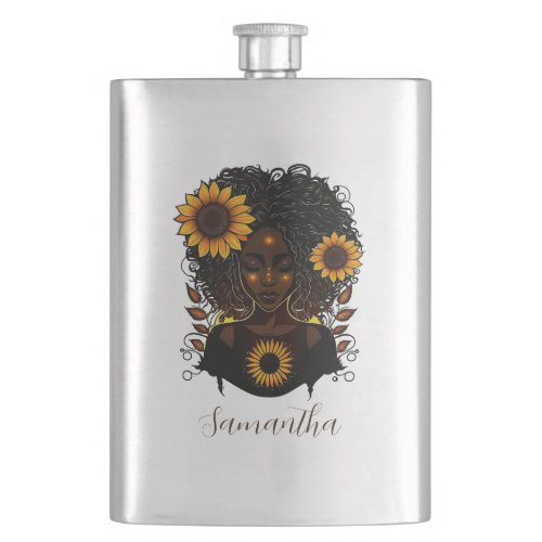 Sunflower Queen Afro Woman Flask