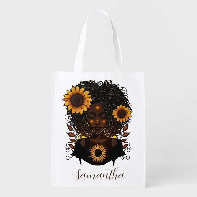 Sunflower Queen Afro Woman Grocery Bag (Front)