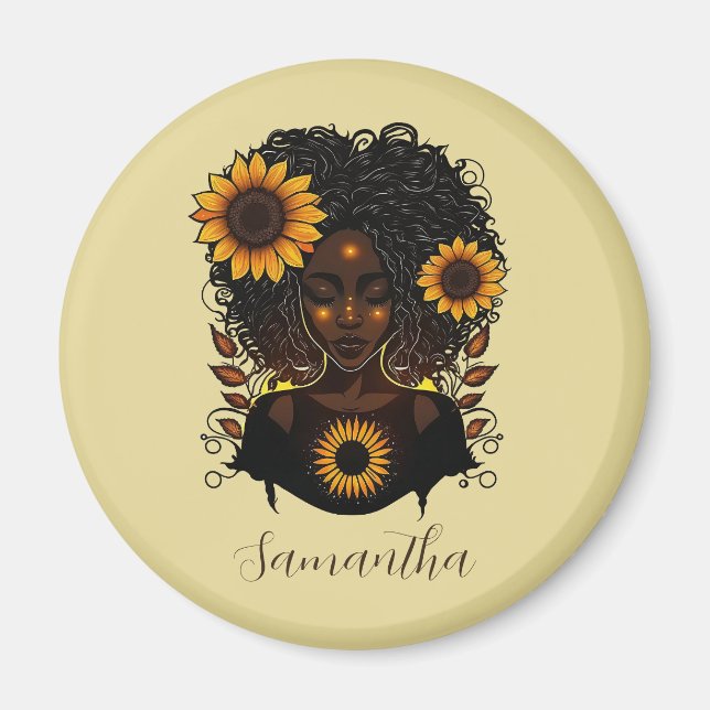 Sunflower Queen Afro Woman Magnet (Front)