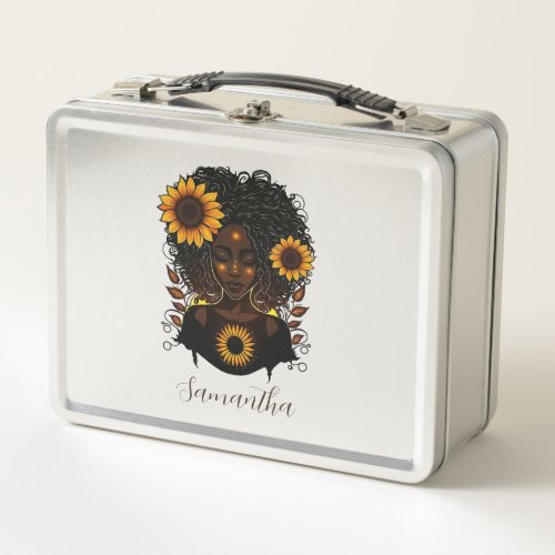 Sunflower Queen Afro Woman Metal Lunch Box
