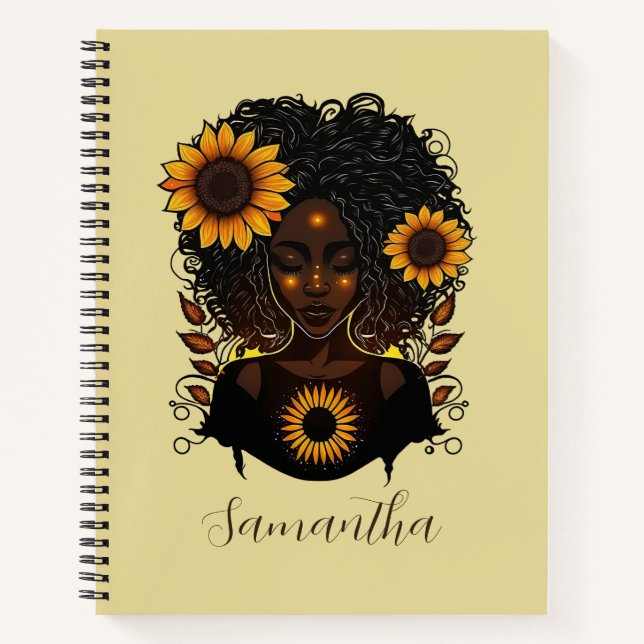 Sunflower Queen Afro Woman Notebook (Front)